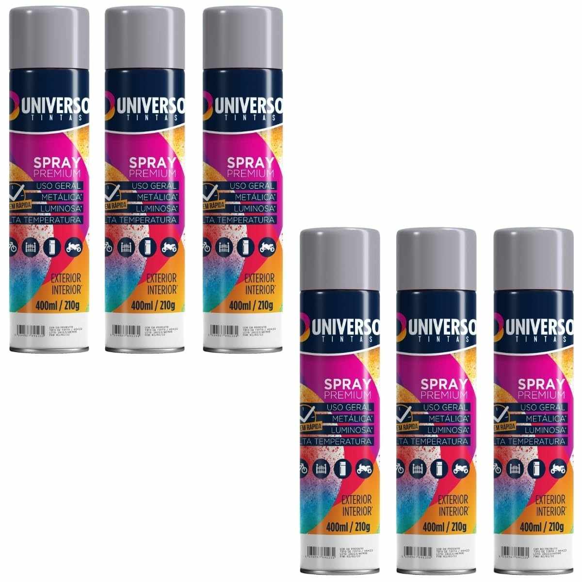 Tinta Spray 400ml Cinza Uso Geral em Aço Ferro Couro Gesso Cerâmica | Universo | Kit 06 un