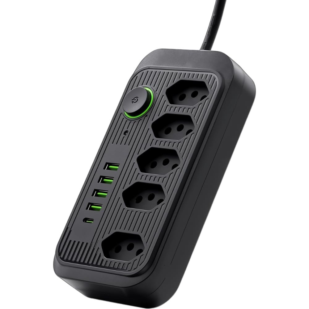 Filtro de Linha 5 Tomadas + 4 USB + 1 USB-C 2m Bivolt - Organize e Carregue Tudo!