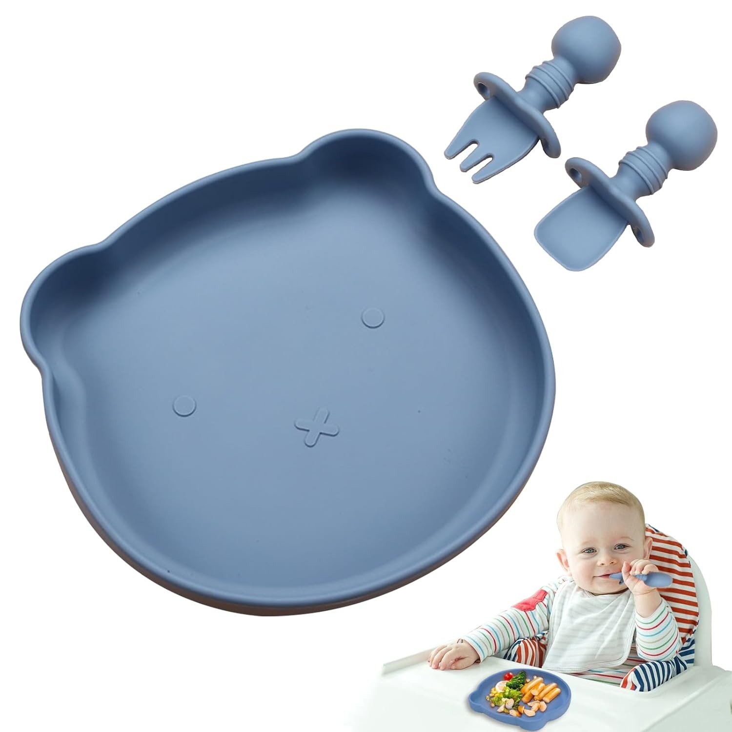 Conjunto 3 em 1 Prato Antiderrapante com Silicone Alimentício - Prato, Colher e Garfo Seguros para Bebês (Azul)