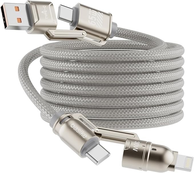 Basike Cabo USB-C 4 em 1, Tipo C Turbo 65W Ultra Rapido Reforçado com Conectores Lightning/Tipo-C/USB-A, Compatível com iPhone, Android, iPad, Tablet e Notebook, 1.2 Metro (Prata, Estilo Tegular)