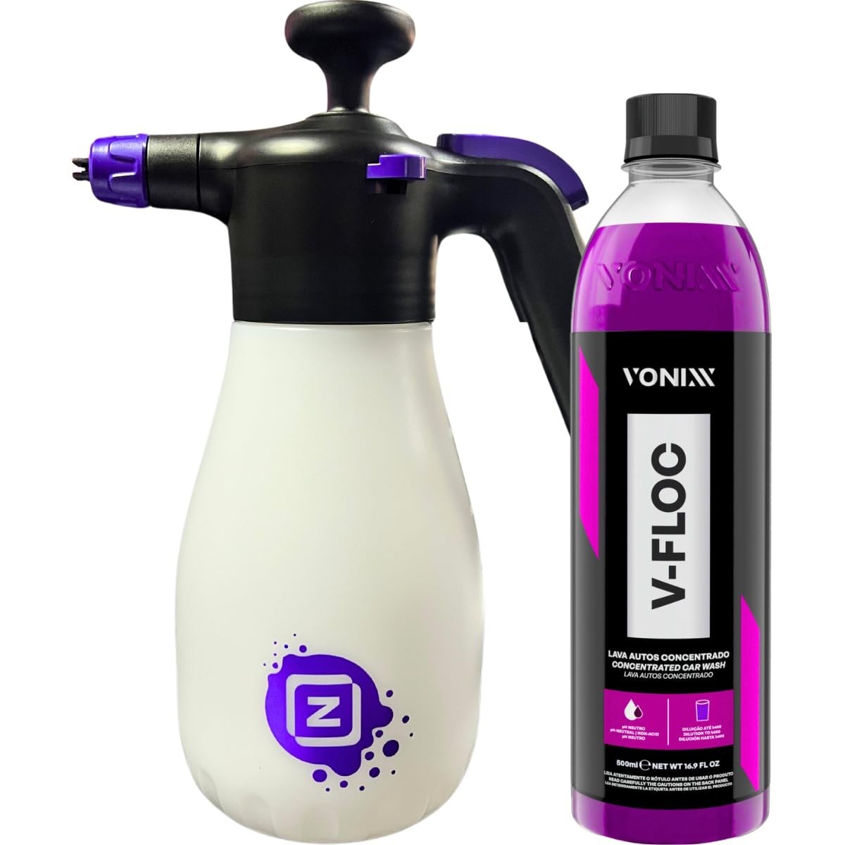 Kit Snow Foam Manual Zacs: Pulverizador 2 em 1 + Shampoo V-Floc para Lavagem Automotiva Perfeita