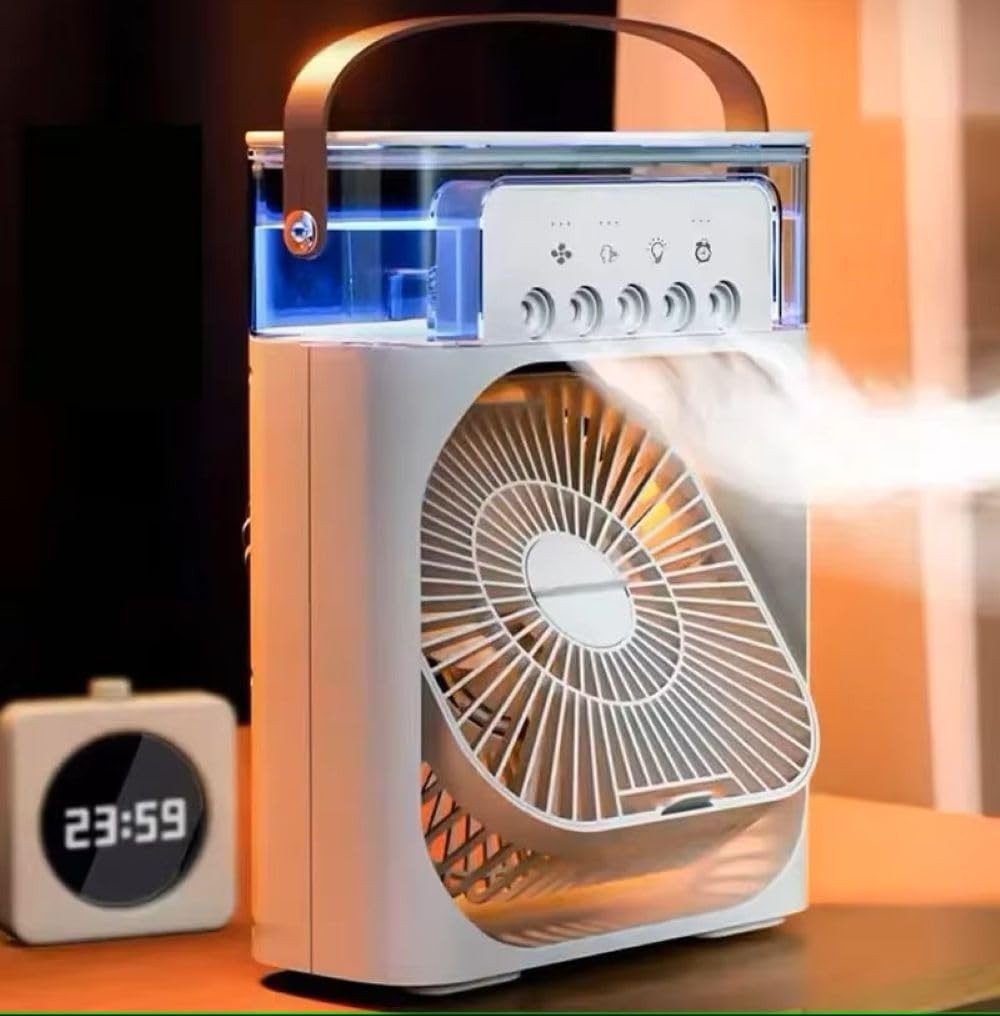 Climatizador Portátil 3 em 1 com LED – Mini Ar-Condicionado Recarregável USB, Umidificador e Ventilador Silencioso