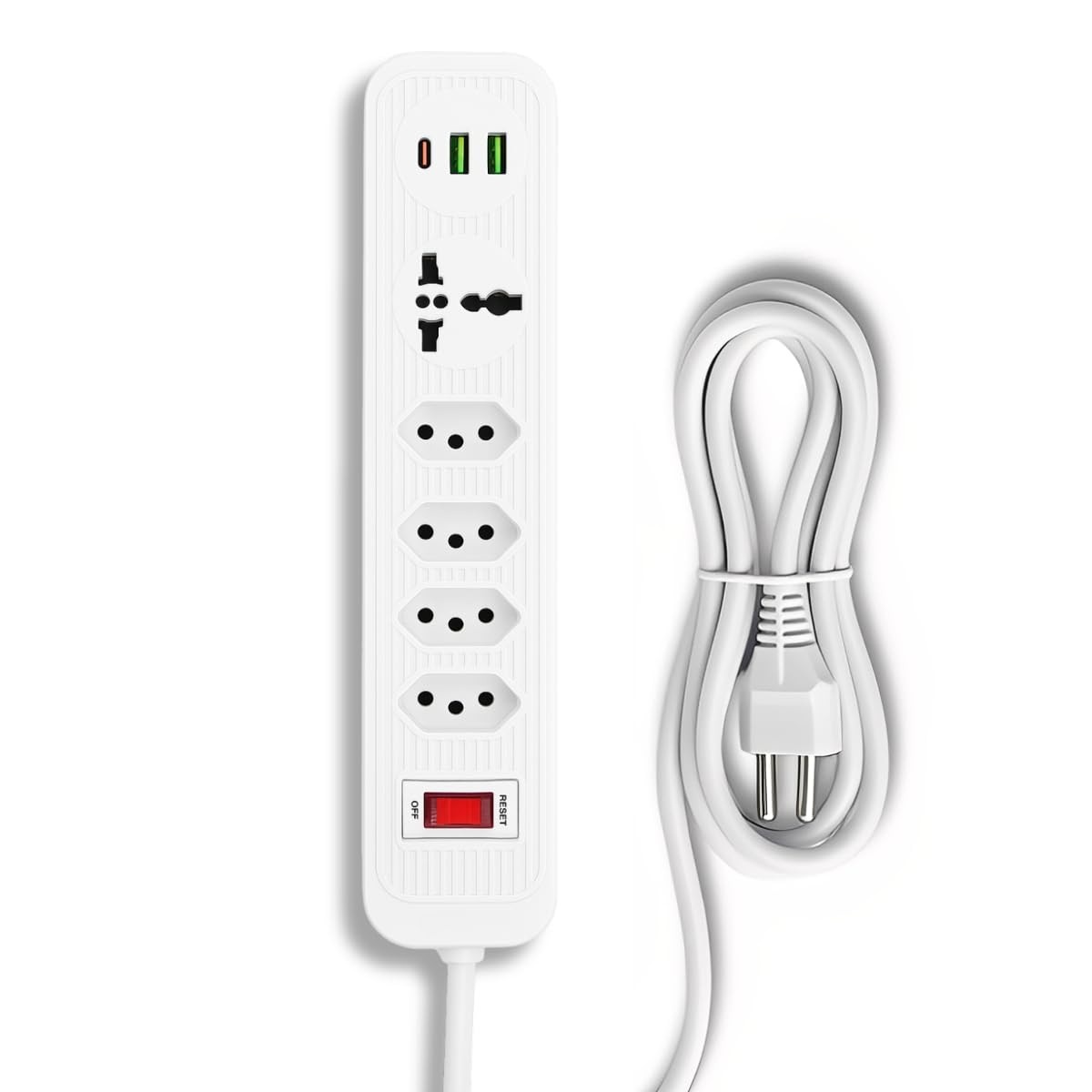 Régua de Tomada Inteligente: 4 Tomadas, 1 Universal, 2 USB + 1 USB-C com Carregamento Rápido e Extensão 2m
