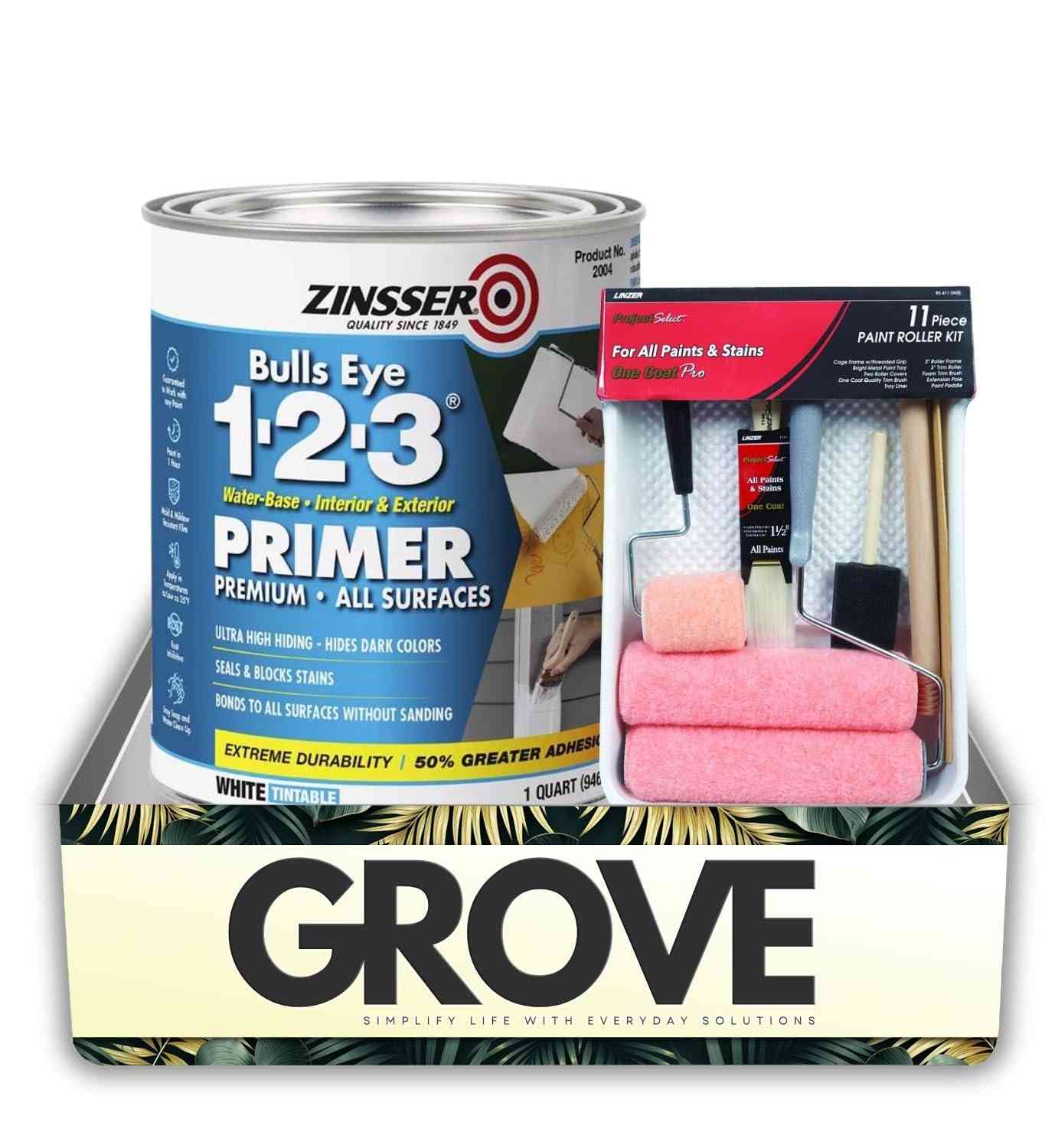 Zinsser Bulls-Eye 1-2-3 Tinta e Selador Acrílico Branco 1 Qt + Kit Rolo Linzer - Bloqueio de Manchas e Aplicação Suave