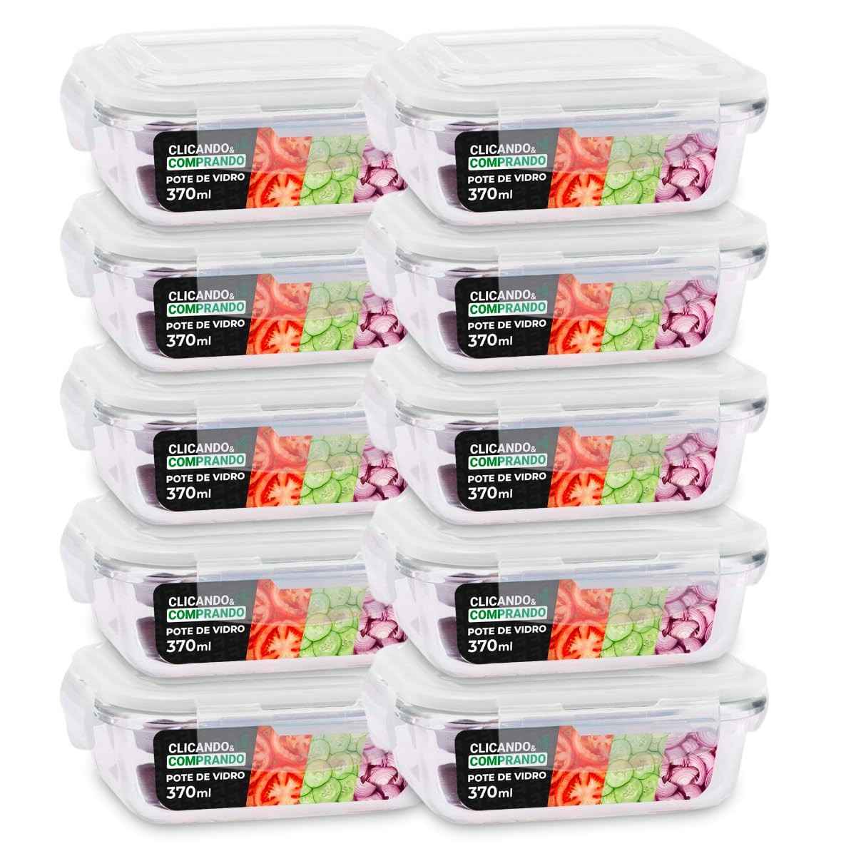KIT 10 Potes de Vidro Retangular com Tampa Hermética 370ml - Armazenamento Elegante e Seguro
