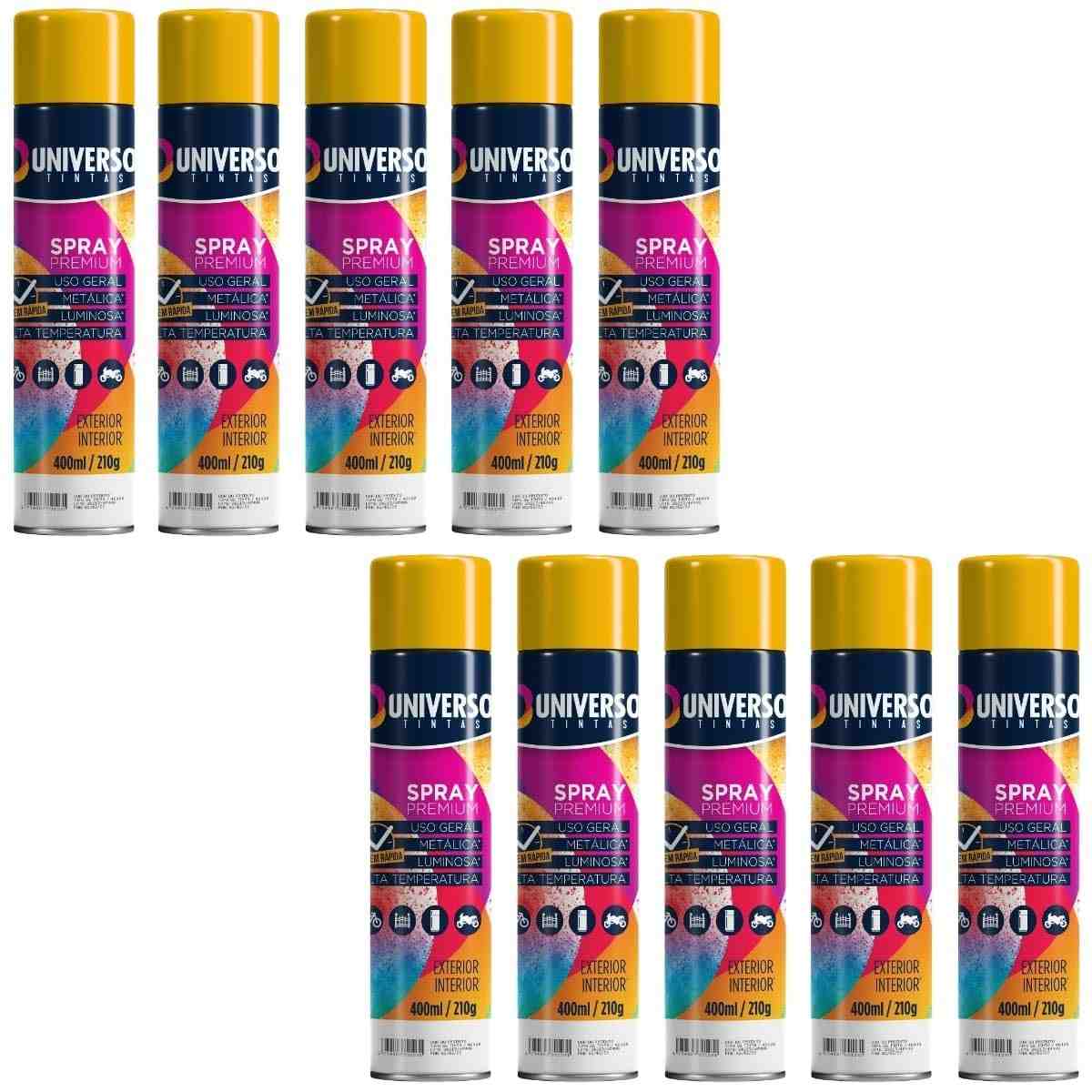 Tinta Spray 400ml Amarelo Uso Geral em Aço Ferro Couro Gesso Cerâmica | Universo | Kit 10 un