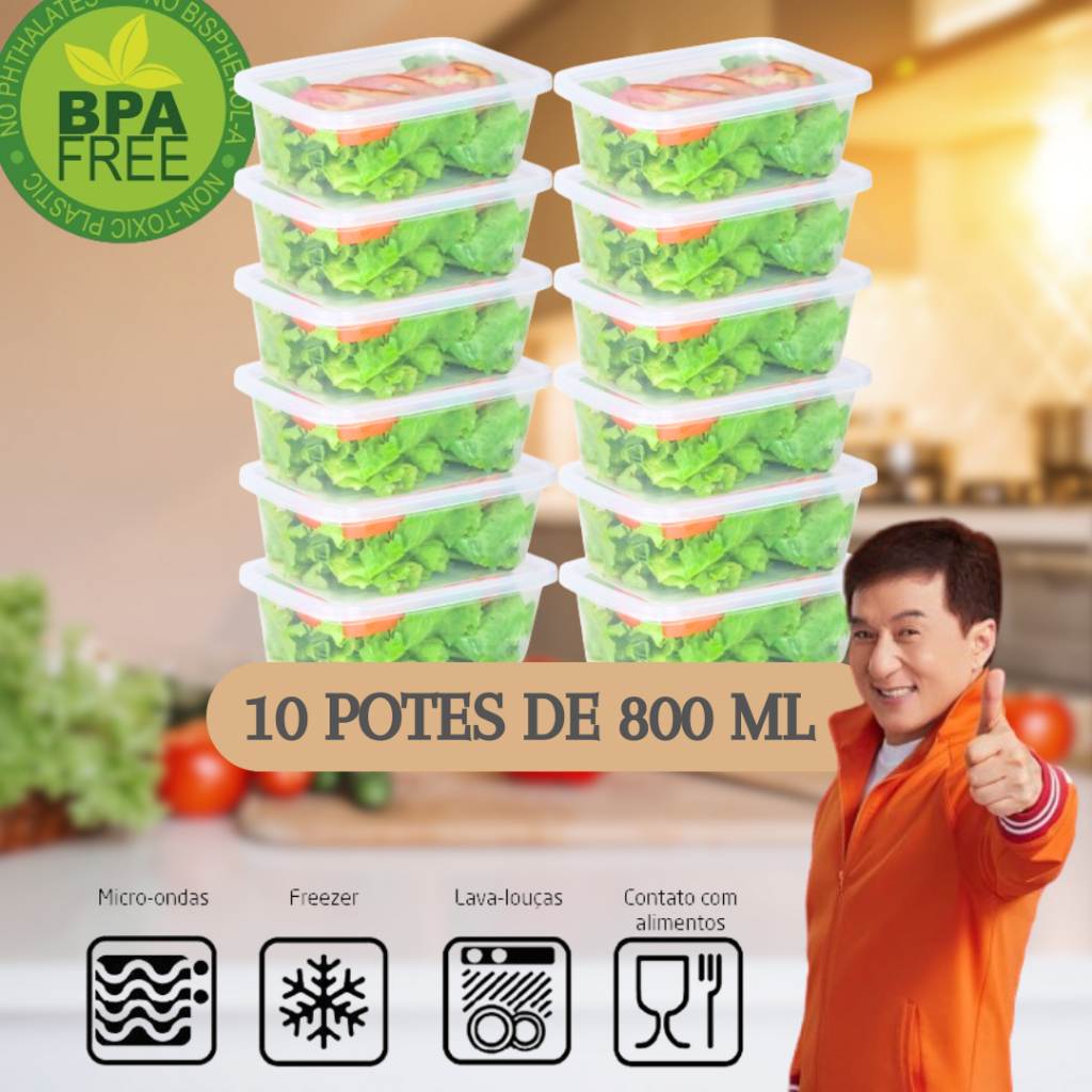 10 Potes 800ml Transparentes - Marmita Fitness Reutilizável