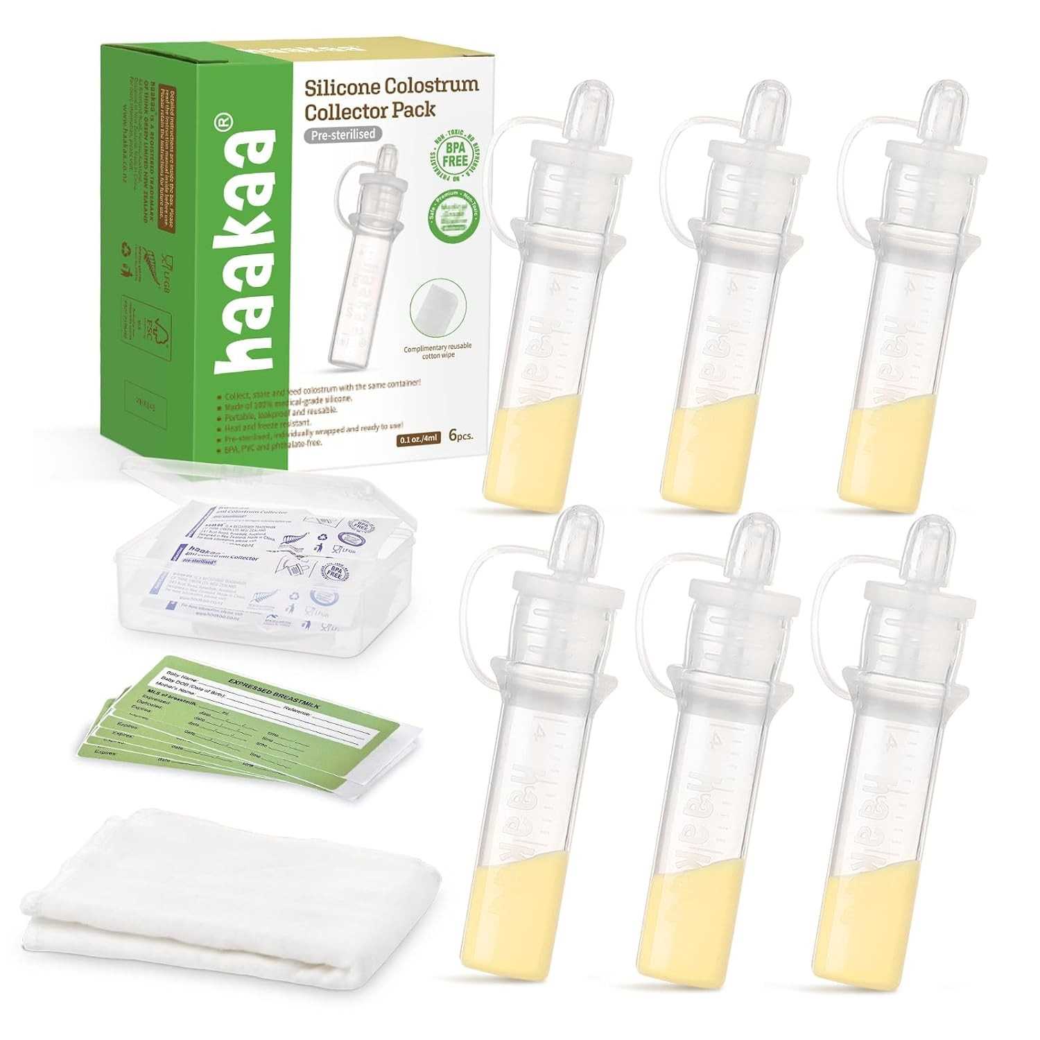 Haakaa Coletor de Colostro 4ml - 6 Peças + Estojo | Silicone Seguro 100% para Bebês
