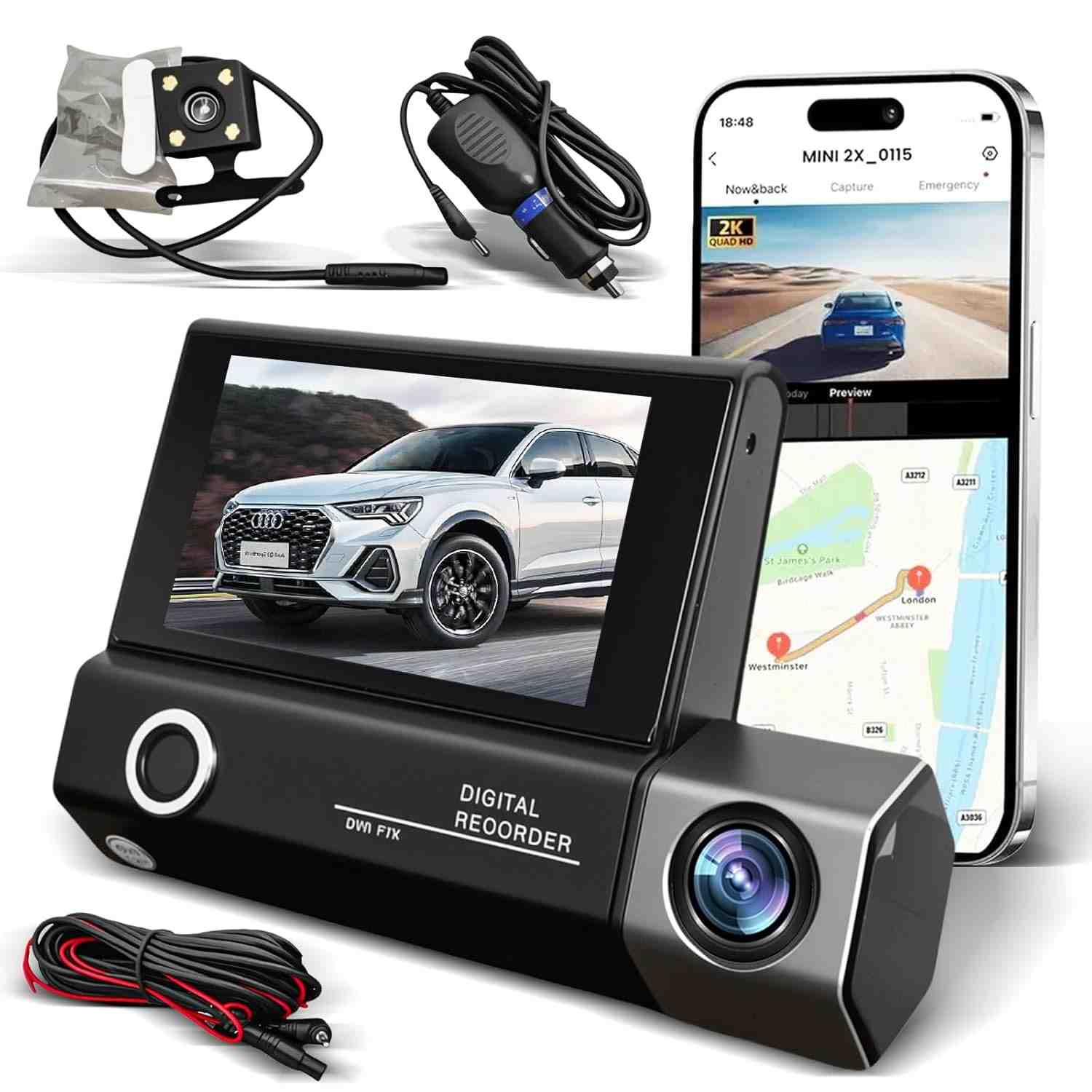 Câmera Veicular Dupla 1080P: Segurança Frontal, Interna e Traseira com Visão Noturna + 32GB Incluso