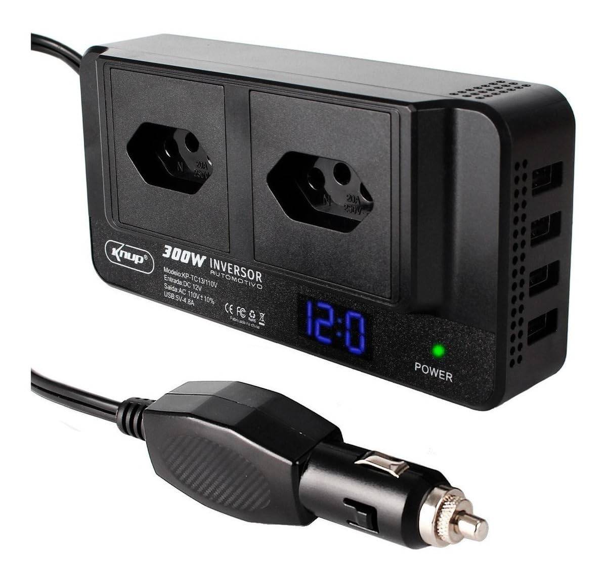 Inversor de Energia Veicular 300W 12V para 110V com 4 USB e Proteção | Leve sua Tomada para Onde For!