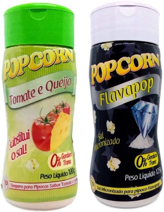 Temperos p/ Pipoca Popcorn Cx 12 Frascos: 6 Tomate e Queijo - 6 Flavapop Sal Micronizado Manteiga