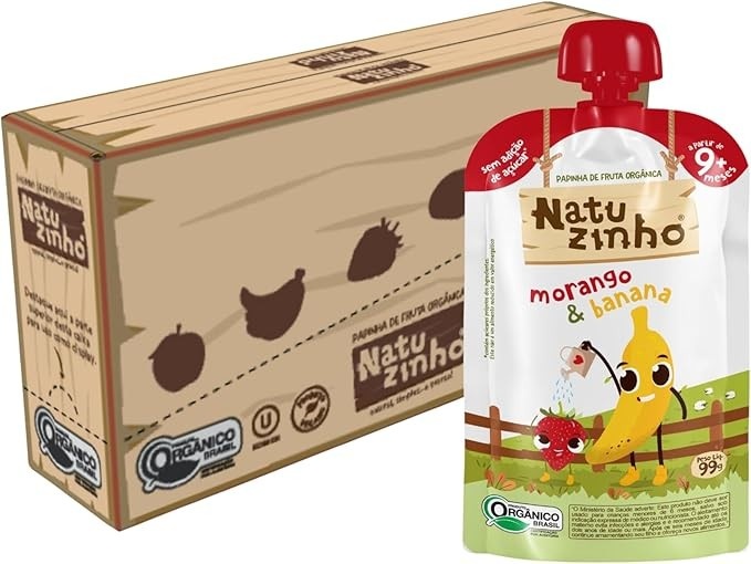 Natuzinho, Kit com 12 Papinhas Orgânicas para Bebê, Sabor Banana e Morango, Sem Açúcar, Aditivos ou Conservantes, Ideal para Introdução Alimentar, 99g cada