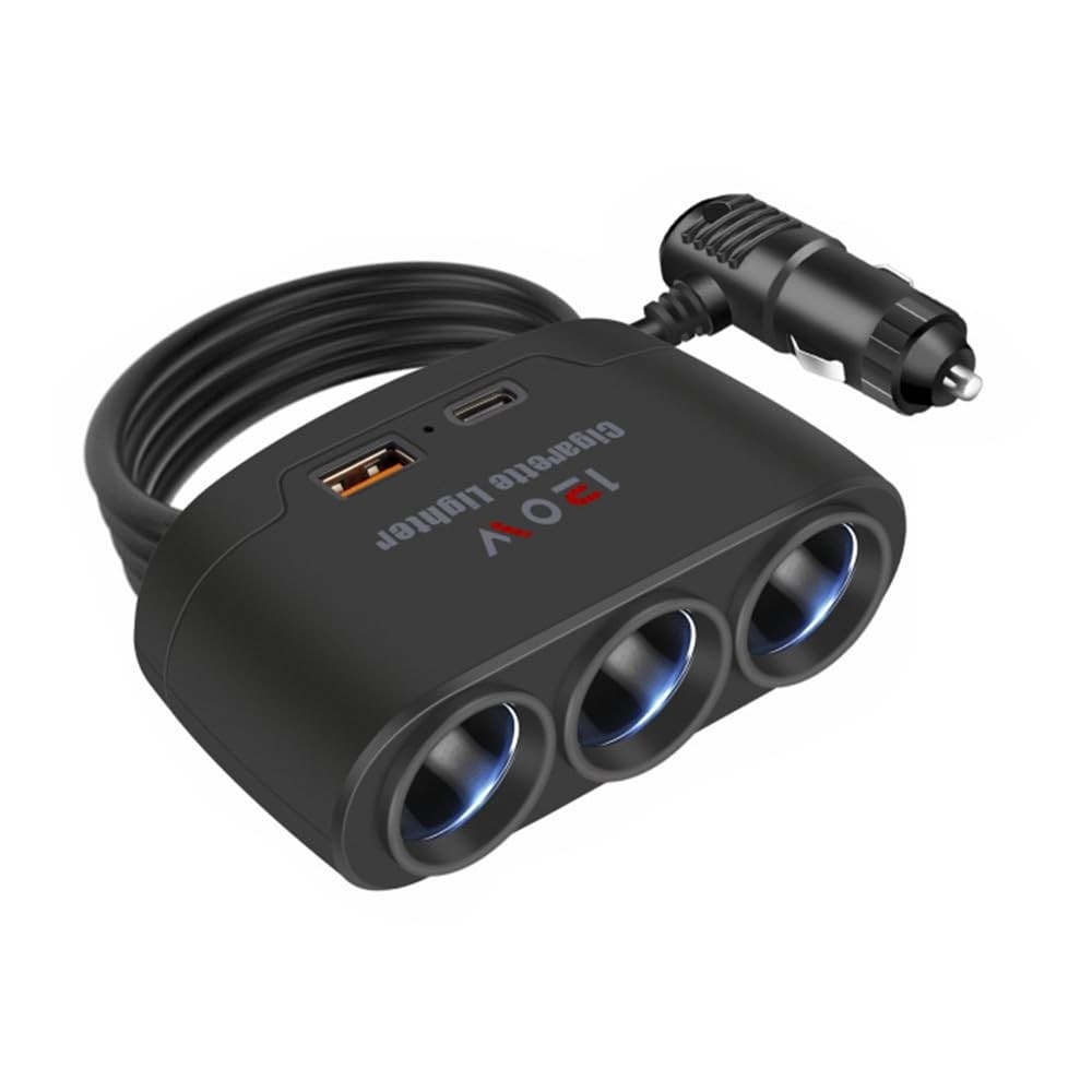 Divisor de Tomada 3 em 1 CIADAZ: Carregamento Rápido USB + PD e 3 Soquetes 120W para Seu Veículo