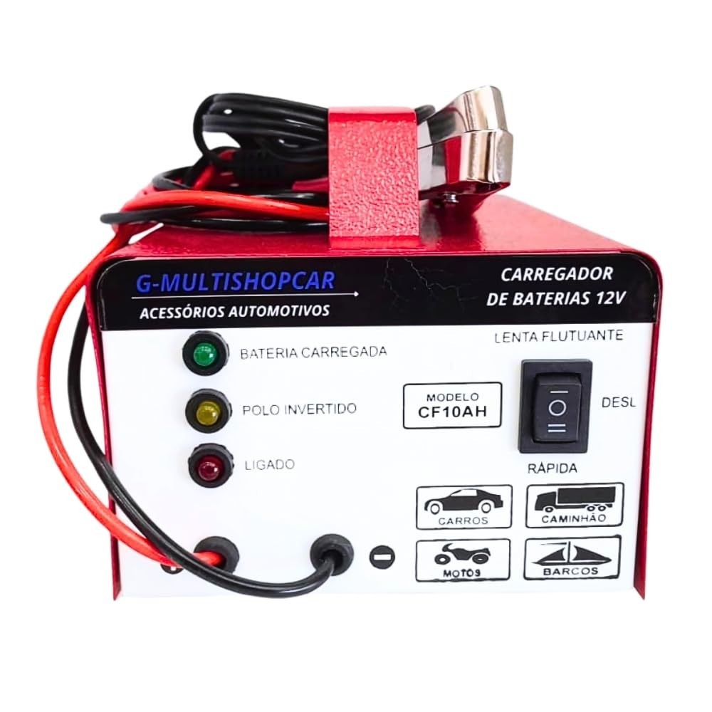 Carregador de Bateria Automotiva 12V 10Ah: Carga Rápida e Lenta para Carros e Motos