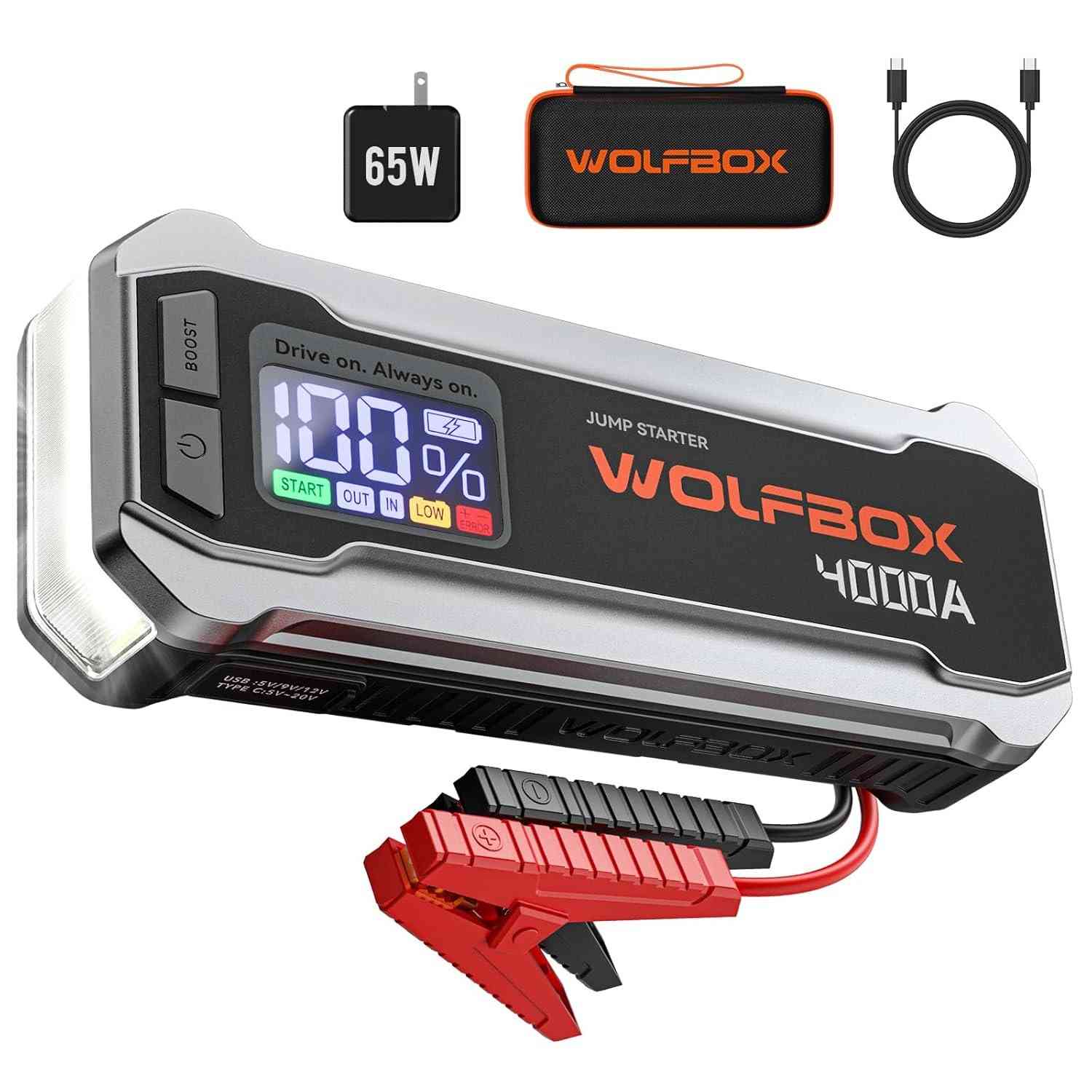 WOLFBOX 4000A: Booster de Bateria Portátil 12V com Carregador Rápido 65W e Tela LED