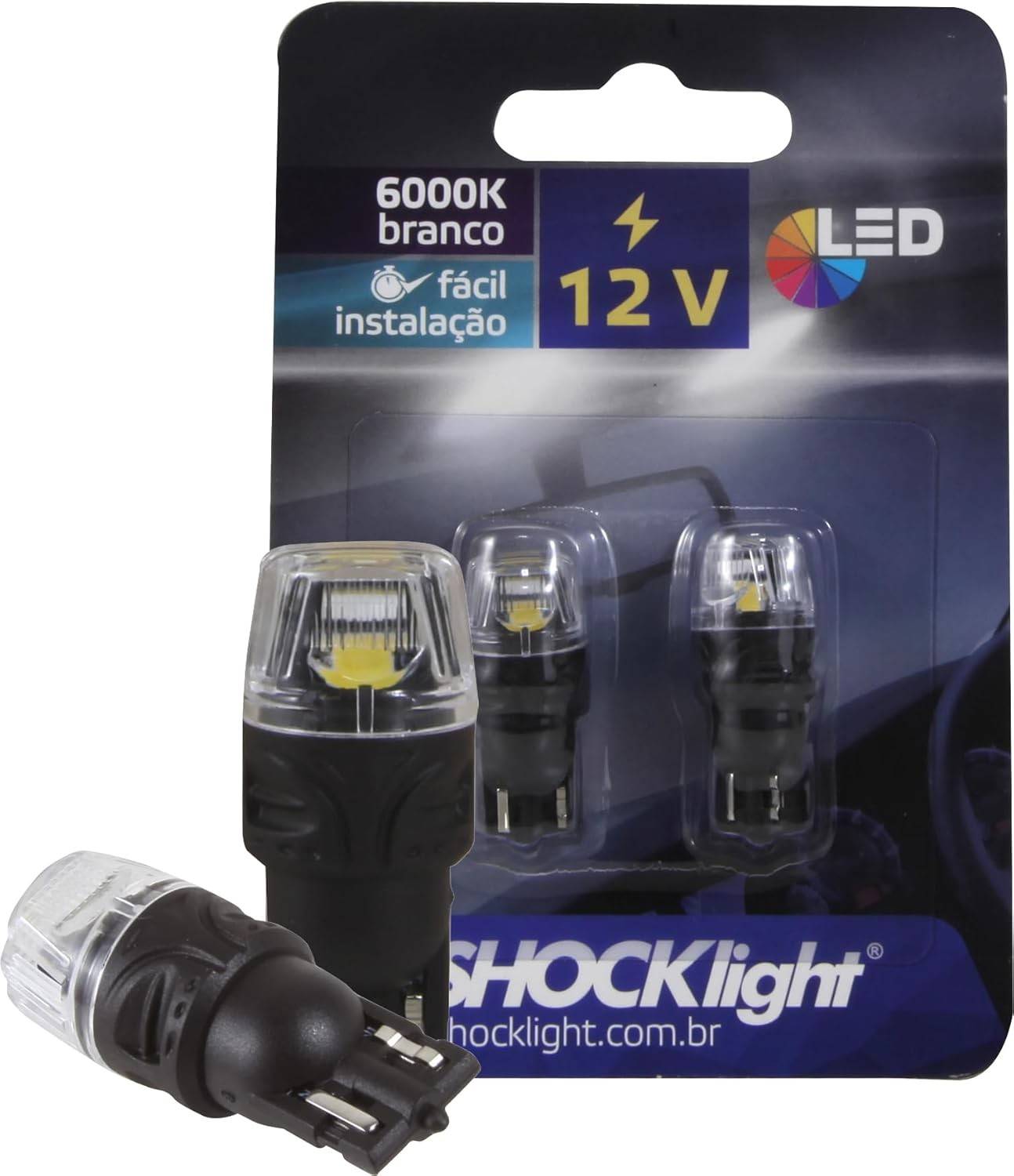 Kit 2 Lâmpadas LED T10 Pingão 12V 6000K Branca - Freio e Farol