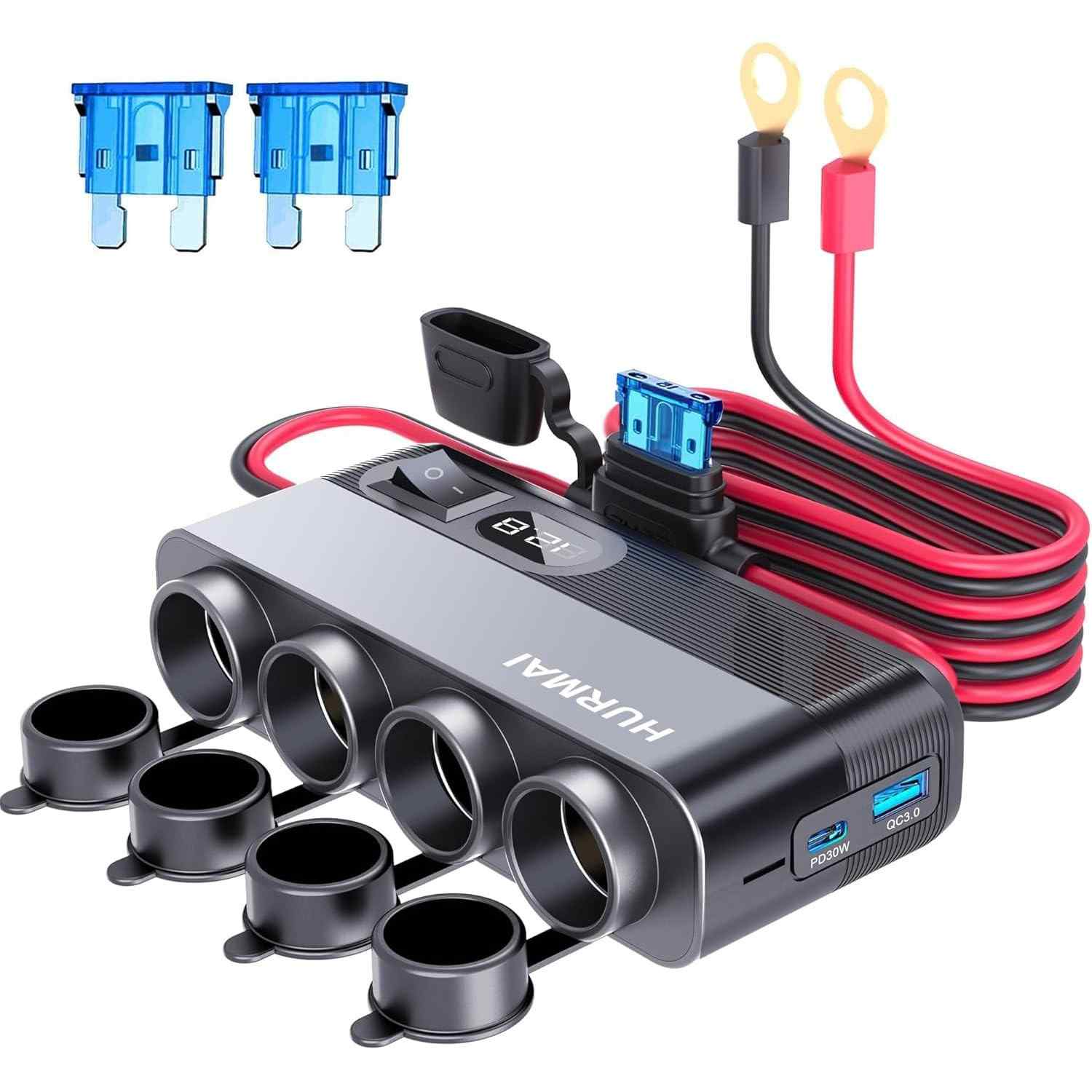 Carregador Veicular Multiportas 12V/24V: 4 Tomadas + USB-C PD 30W + QC 3.0