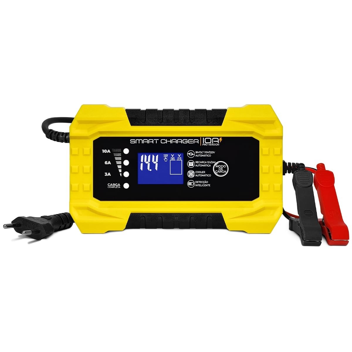 Carregador de Bateria Automotivo Smart Charger 10A Digital | 12V/24V com Voltímetro e Indicador de Carga