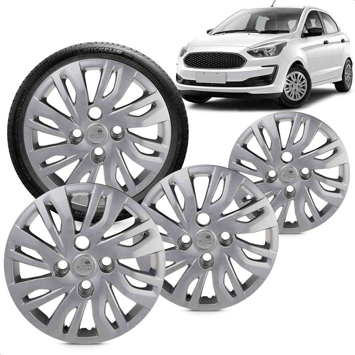 Kit 4 Calotas Ford Ka 2019-2020 Aro 14 Prata Grid - Design Esportivo e Proteção
