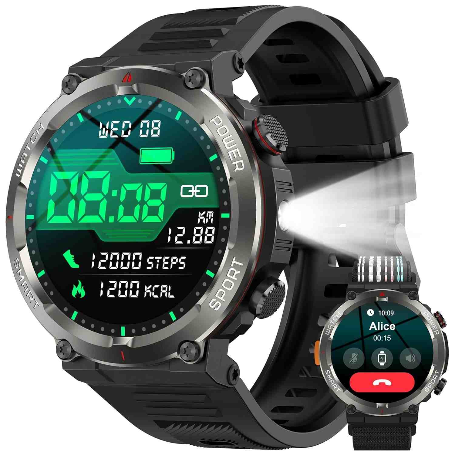 Smartwatch Militar Redondo 1.45" - Bateria 30 Dias, Lanterna, Bússola, 120 Esportes, IP68, Chamadas Bluetooth