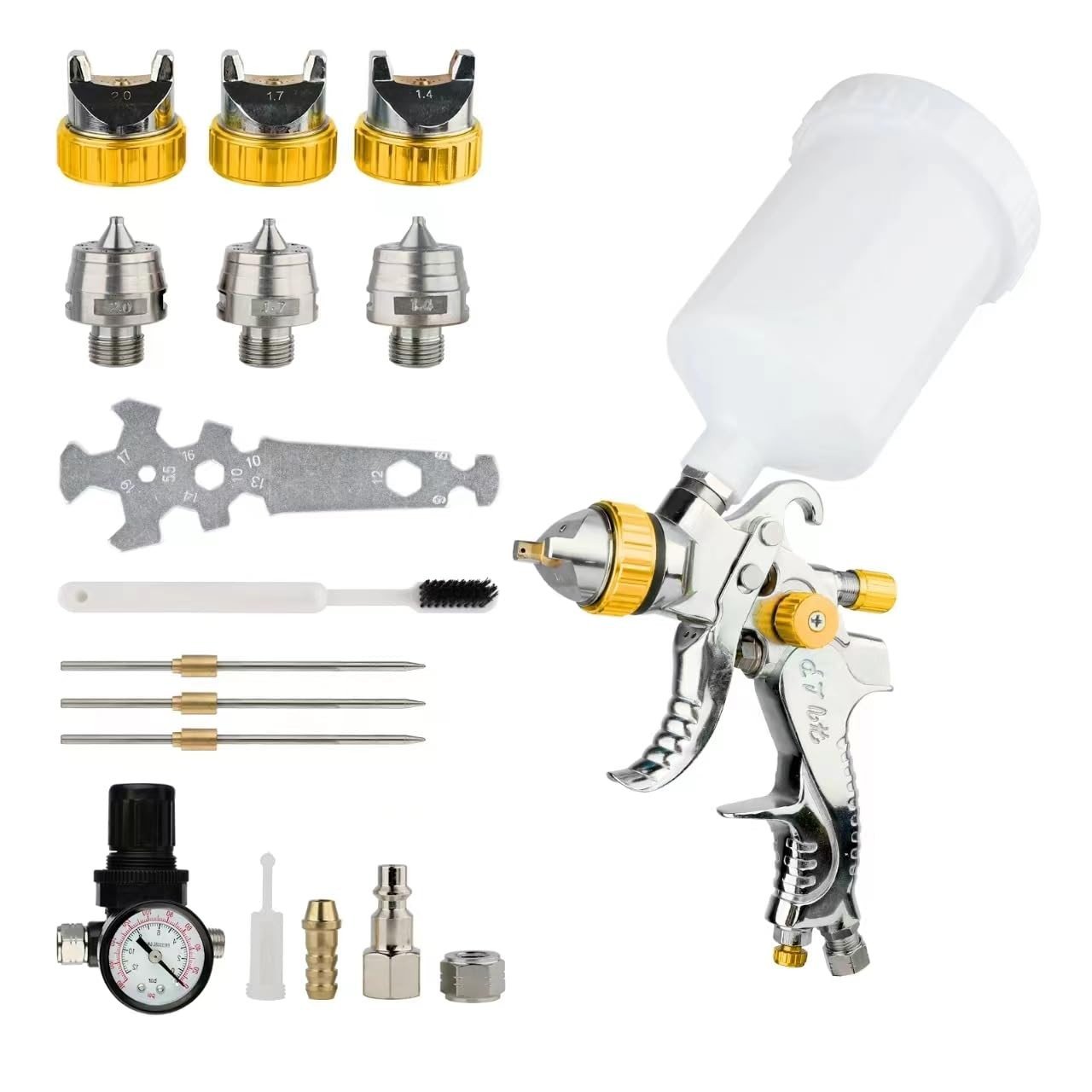 FORNAX Pistola de Pulverização HVLP com Bicos Interchangeáveis - 1,4mm, 1,7mm e 2,0mm - Sistema Tampa Agulha, Copo 600cc - Ideal para Pintura Automotiva e Industrial