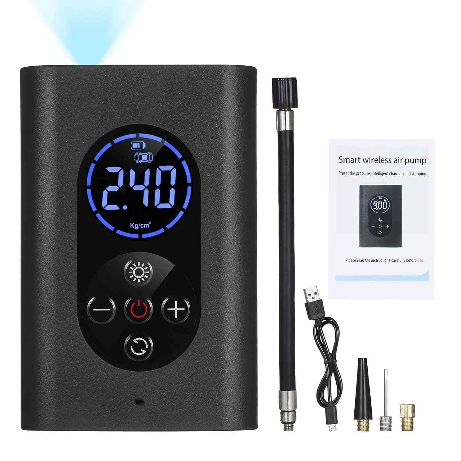 Tomshin Compressor de Ar Portátil 150 PSI: Inflador Elétrico Inteligente com Manômetro LED e Power Bank