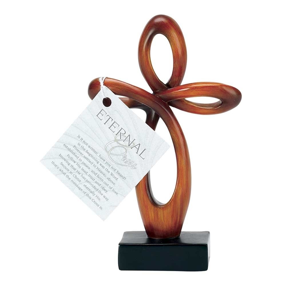 Cruz de Mesa com Coração Aberto em Resina Marrom - Design Esculpido Eterno Woodgrain 15,24 cm