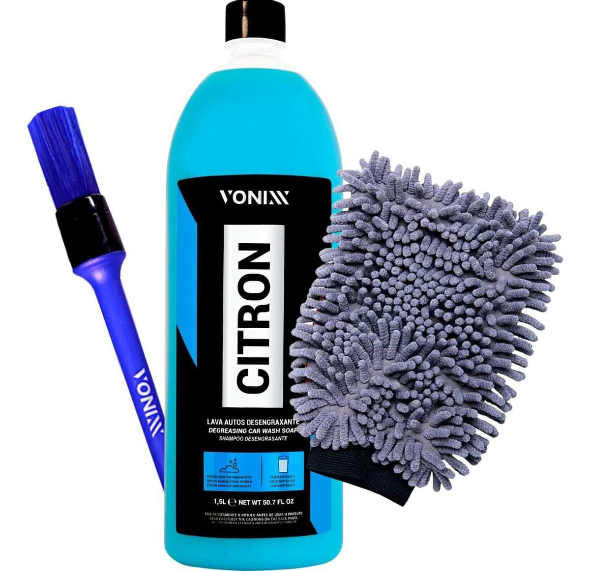 Kit Detalhamento Automotivo: Desengraxante Citron 1,5L, Pincel e Luva Microfibra Vonixx