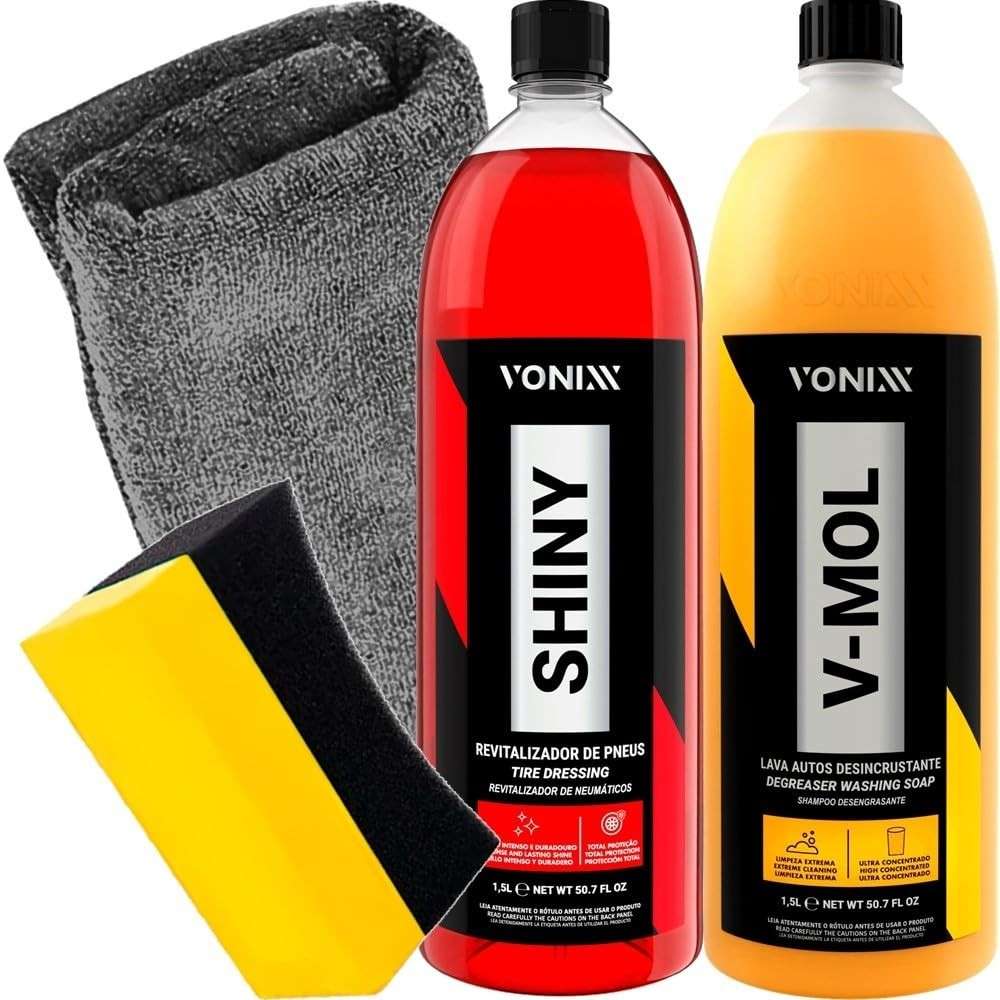 Kit Estética Automotiva Completo Vonixx: Shampoo V-Mol 1,5L + Shiny 1,5L + Acessórios Karbox