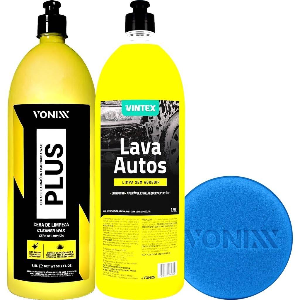 Kit Essencial Vonixx: Limpador Plus 1,5L, Lava Autos Vintex 1,5L e Aplicador de Espuma