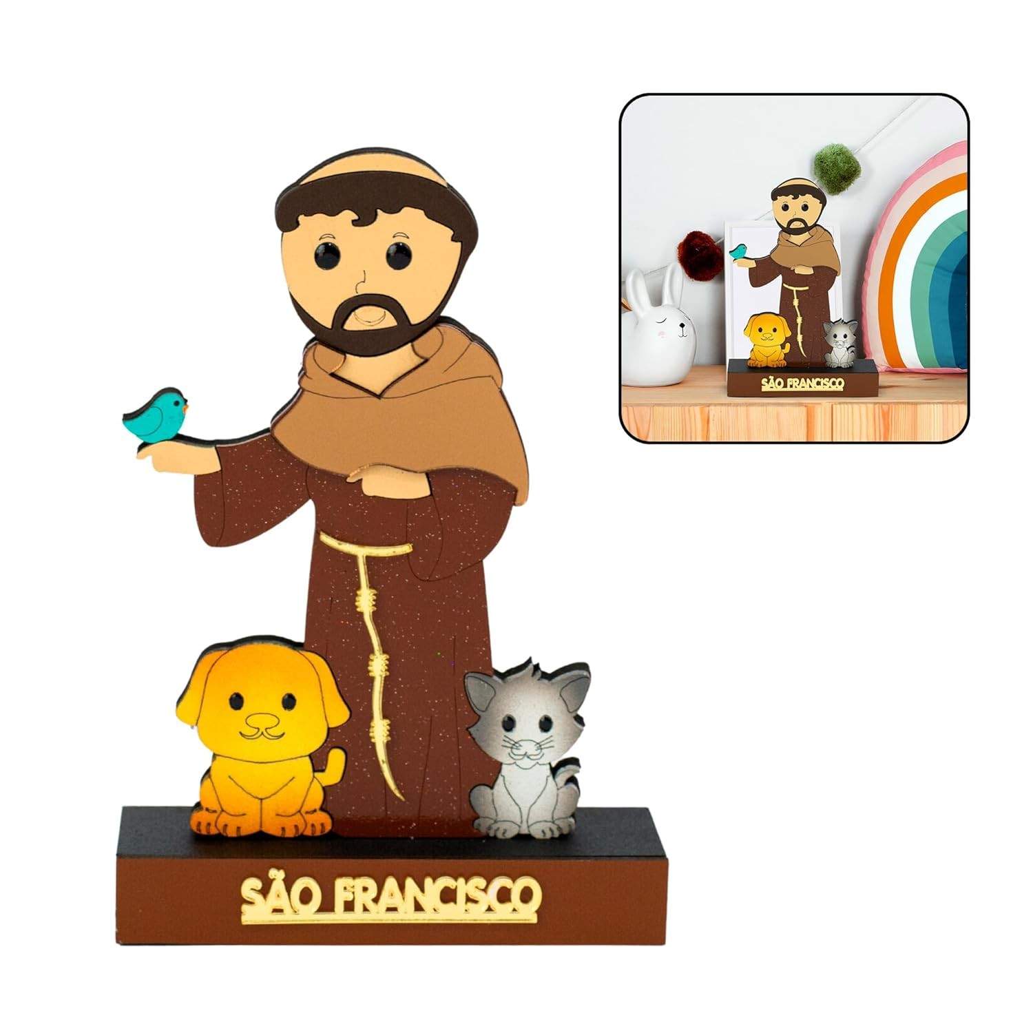 Imagem Infantil São Francisco de Assis em MDF 16cm | Base Decorativa com Animais | Presente Religioso Inspirador