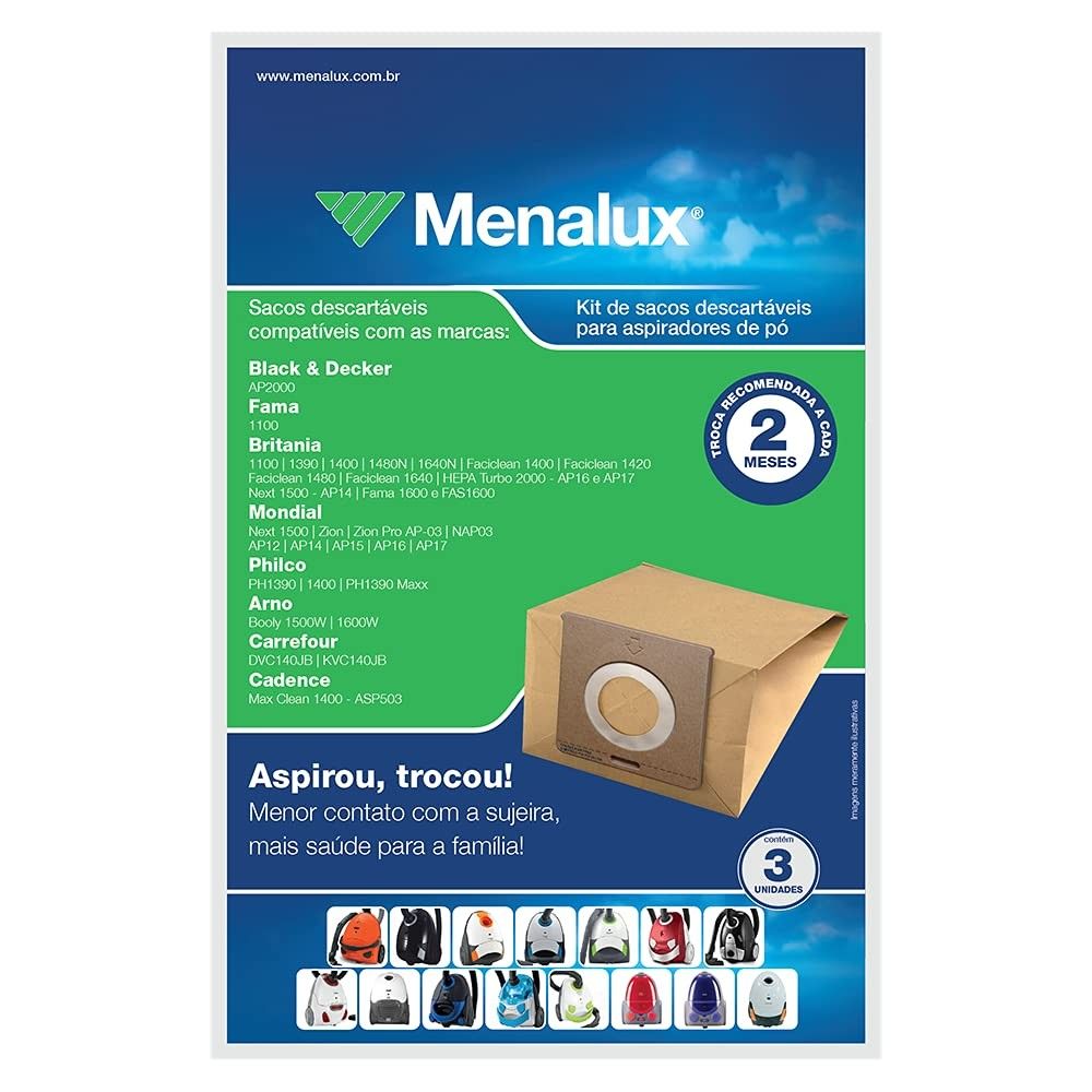Kit Sacos de Aspirador de Pó 1.7L Menalux - 3 Unidades Biodegradáveis para Aspiradores Black & Decker, Britânia, Mondial e Philco