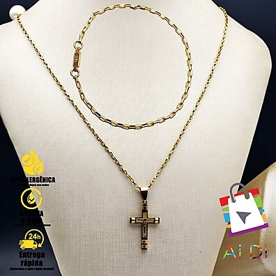 Conjunto Masculino de Corrente e Cruz Palito – Design Clássico com Banho de Ouro 18K