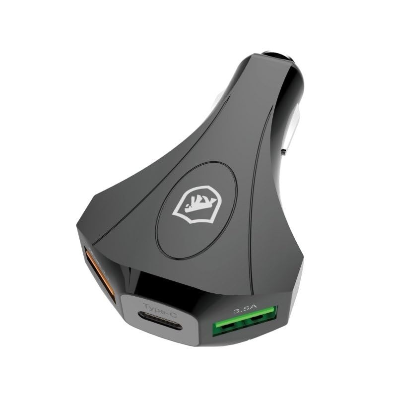 Carregador Veicular Gshield Turbo Tank 18W: 3 Portas USB/Tipo C, Carga Rápida e Segurança Martelo