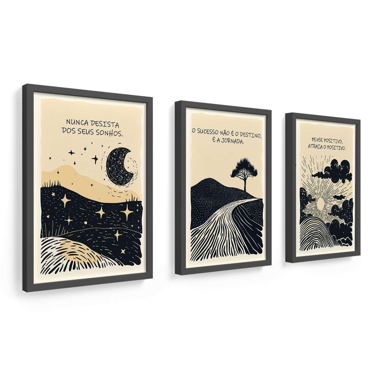 Kit 3 Quadros Decorativos 18x24 cm - Frases Motivacionais para Sucesso e Realização de Sonhos