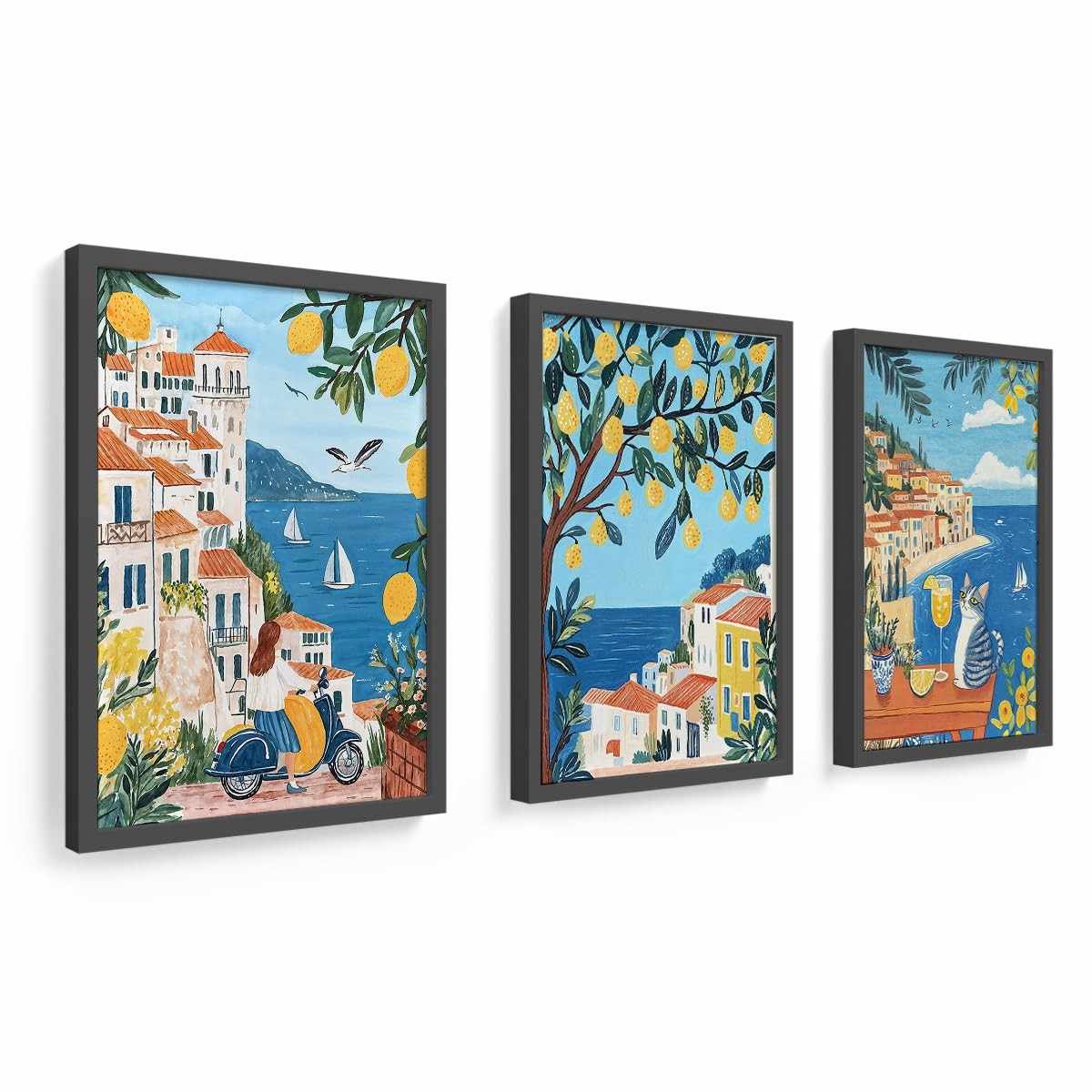 Kit 3 Quadros Decorativos 18x24 cm - Tema Tropical com Gato, Limão e Mulher | Moldura em Madeira com Vidro