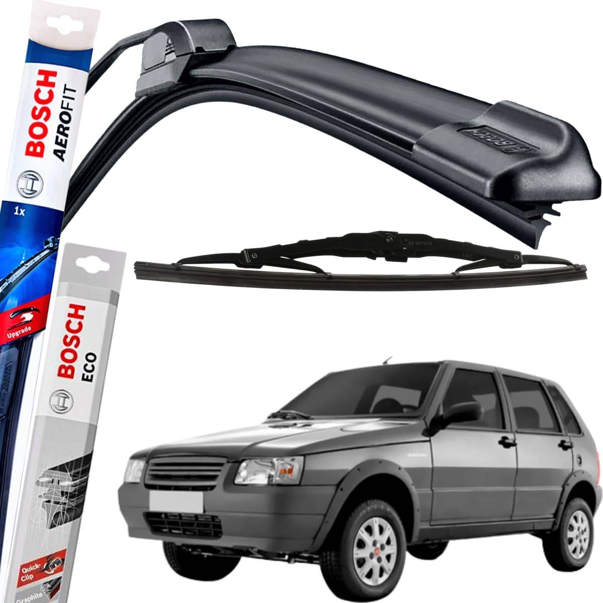 Kit Palhetas Limpador Parabrisa Bosch Aerofit Dianteiro + Traseiro Uno Mille (1990-2013)