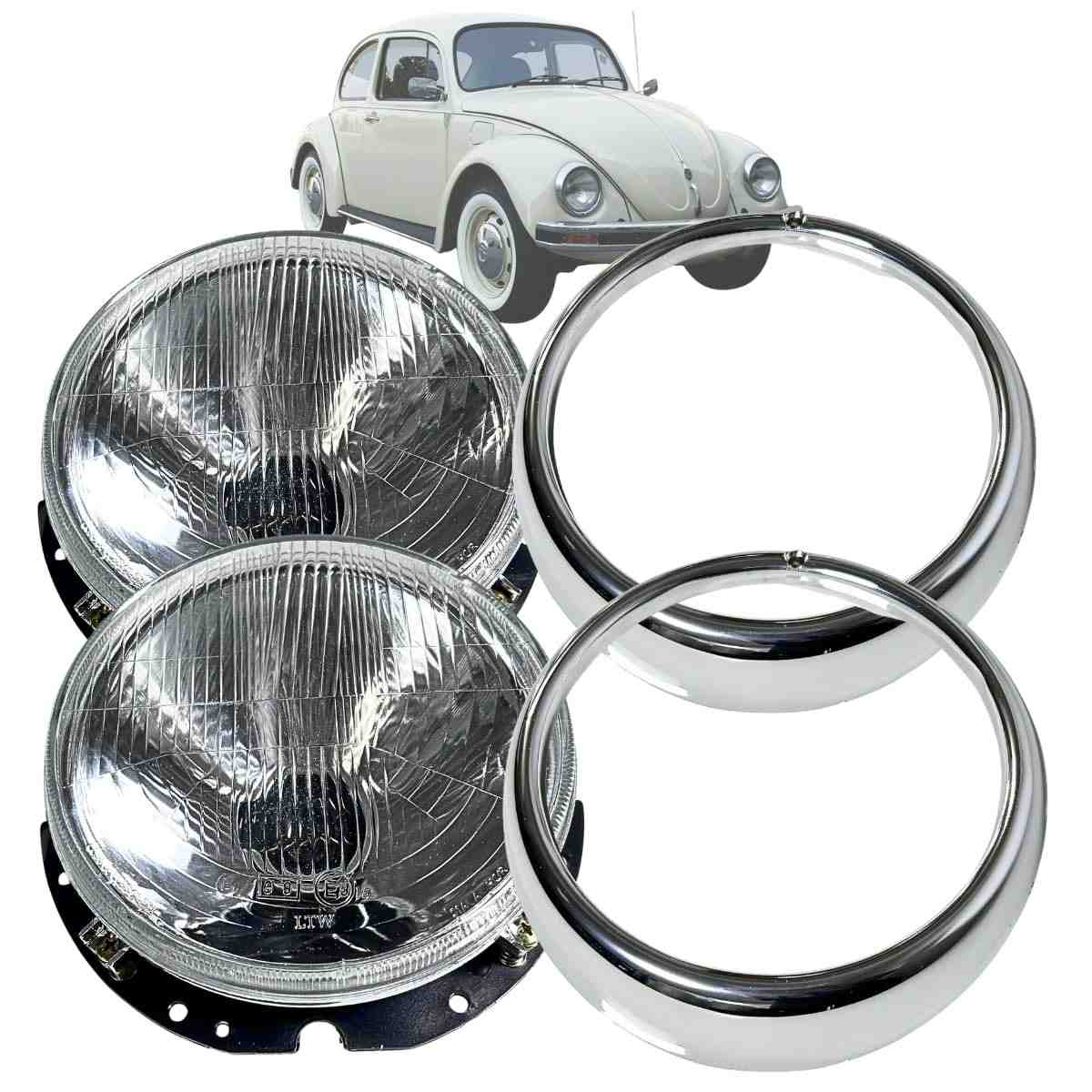 Par de Faróis Aro Cromado para Fusca, Kombi e Passat (1974-1996) - Lente de Vidro