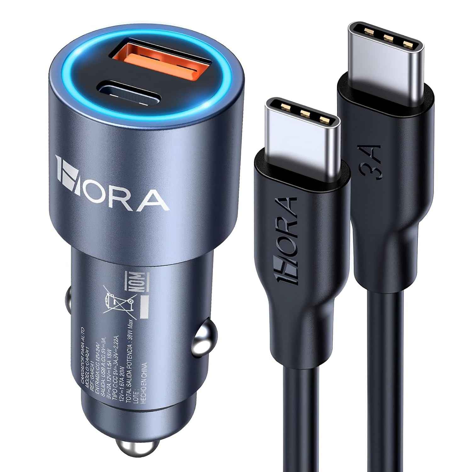Carregador Veicular 1Hora USB-C 3A Azul: Carga Rápida e Design Compacto para Seu Carro