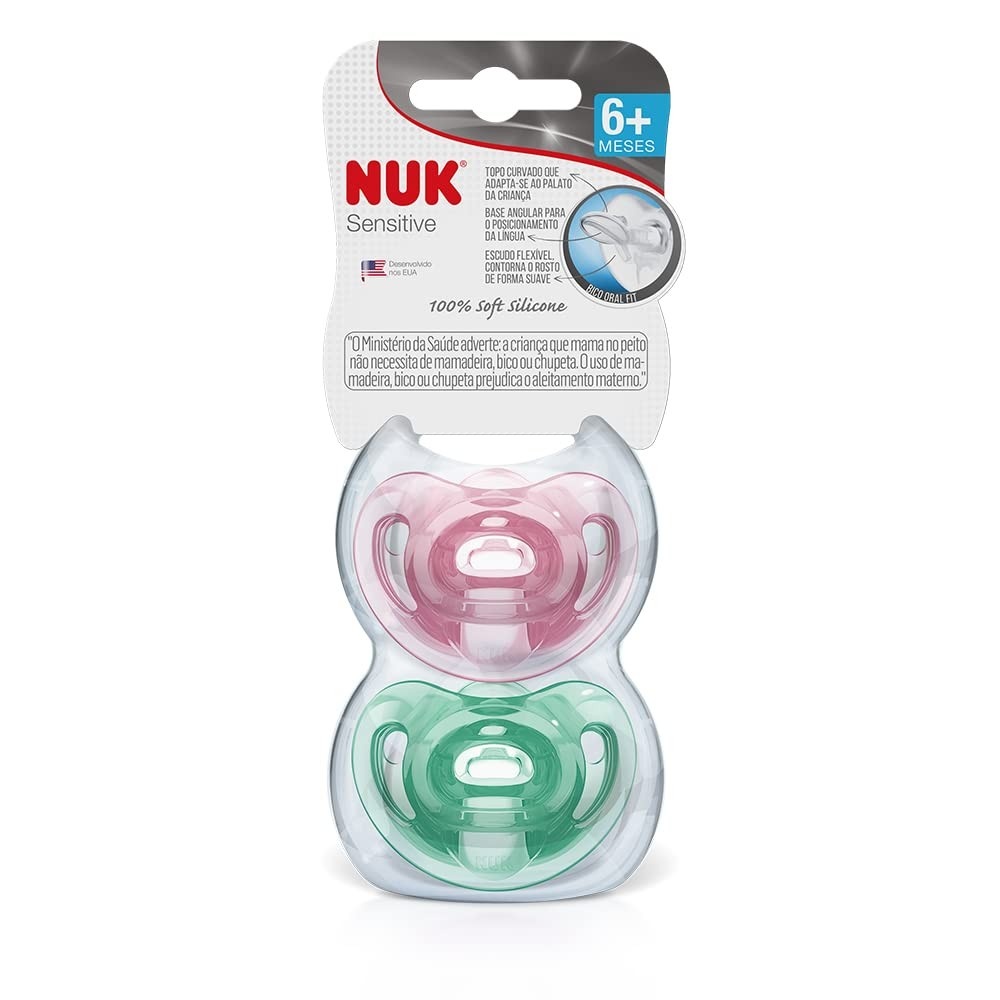 NUK Kit com 2 Chupetas Sensitive Soft 100% Silicone Rosa/Lilás - Tam 2 (6-18 Meses)