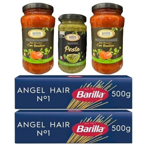 Kit 2 molhos Italianos Basilico 400g cada + Molho Pesto 190g SANTA TAVOLA + 2 Macarrão N.1 ANGEL HAIR BARILLA 500g cada