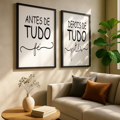 Kit 2 Quadros Decorativos Frases Fé e Gratidão Inspiracional Minimalista com Moldura - Decore com Estilo e Positividade