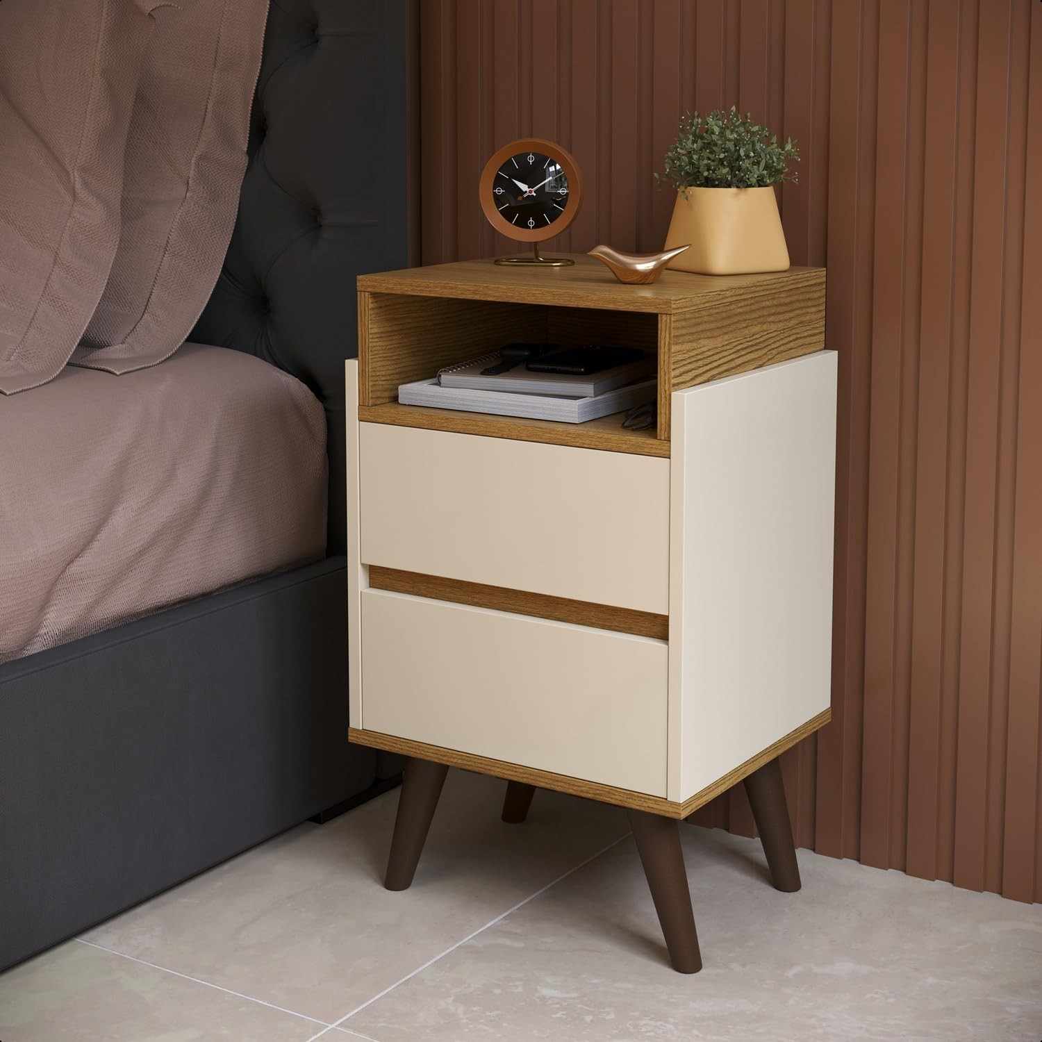 Mesa de Cabeceira Verona com 2 Gavetas - Design Elegante em Off White e Freijó