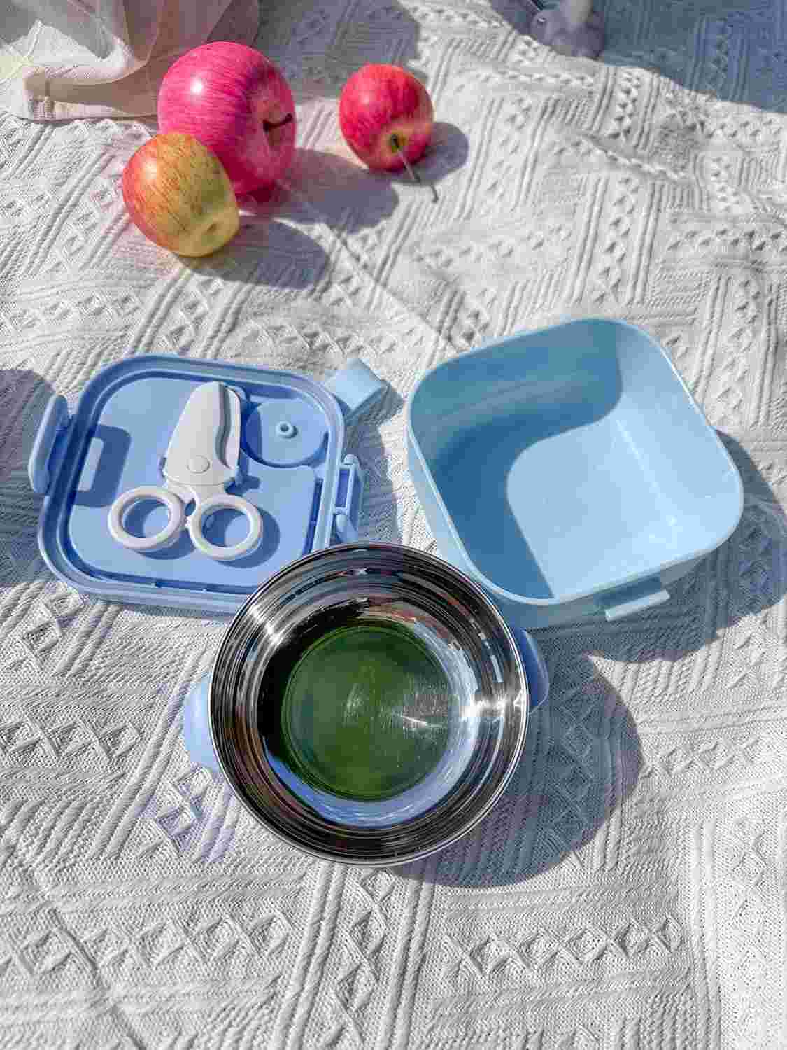 Kit Alimentação Passeio Tigela 2 Estágios + Colher e Tesoura Azul - Marcus & Marcus