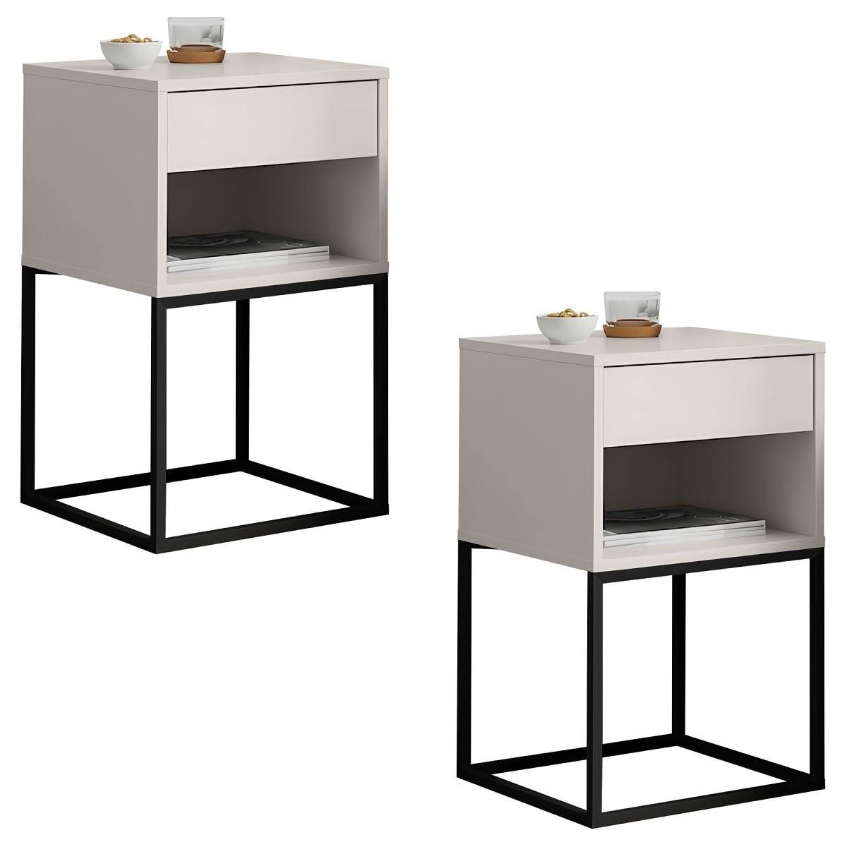 Kit 2 Mesas de Cabeceira Industriais com Gaveta e Nicho - Design Moderno Off White