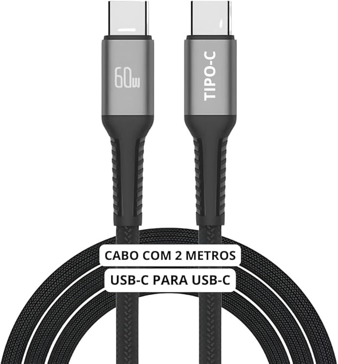 Cabo USB-C 2 metros Tipo C Turbo 60W Ultra Rapido Nylon Trançado e Reforçado Android e Iphone Notebook Tablet Qualidade Premium Carregamento Transferência de Dados