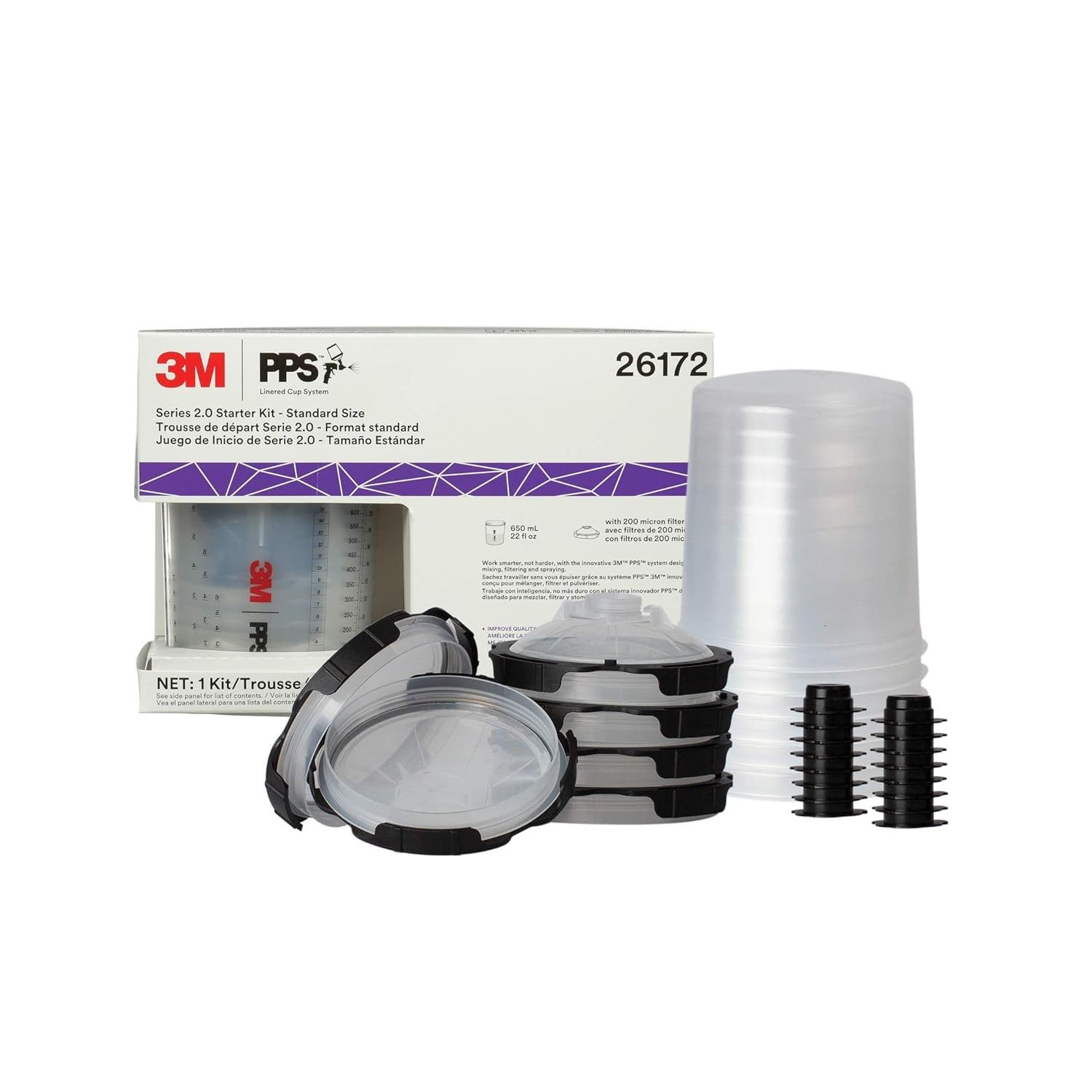 3M PPS 2.0 Kit de iniciante para pistola de pintura com copo, tampas e forros, 26172, 650 ml, filtro de 200 mícrons, uso para carros, móveis, casa e mais, 1 copo de tinta, 6 tampas e forros descartáveis, 16 plugues de vedação