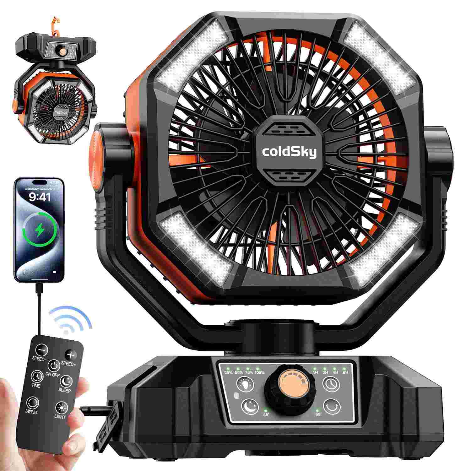 Ventilador Portátil coldSky 20000mAh com Motores Duplos, 8 Velocidades, 4 LEDs e Controle Remoto - Ideal para Camping, Emergências e Ambientes Externos