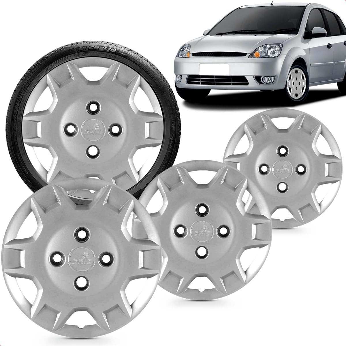 Kit 4 Calotas Fiesta Street Aro 13 Prata Grid - Cubo Baixo (2003-2007)