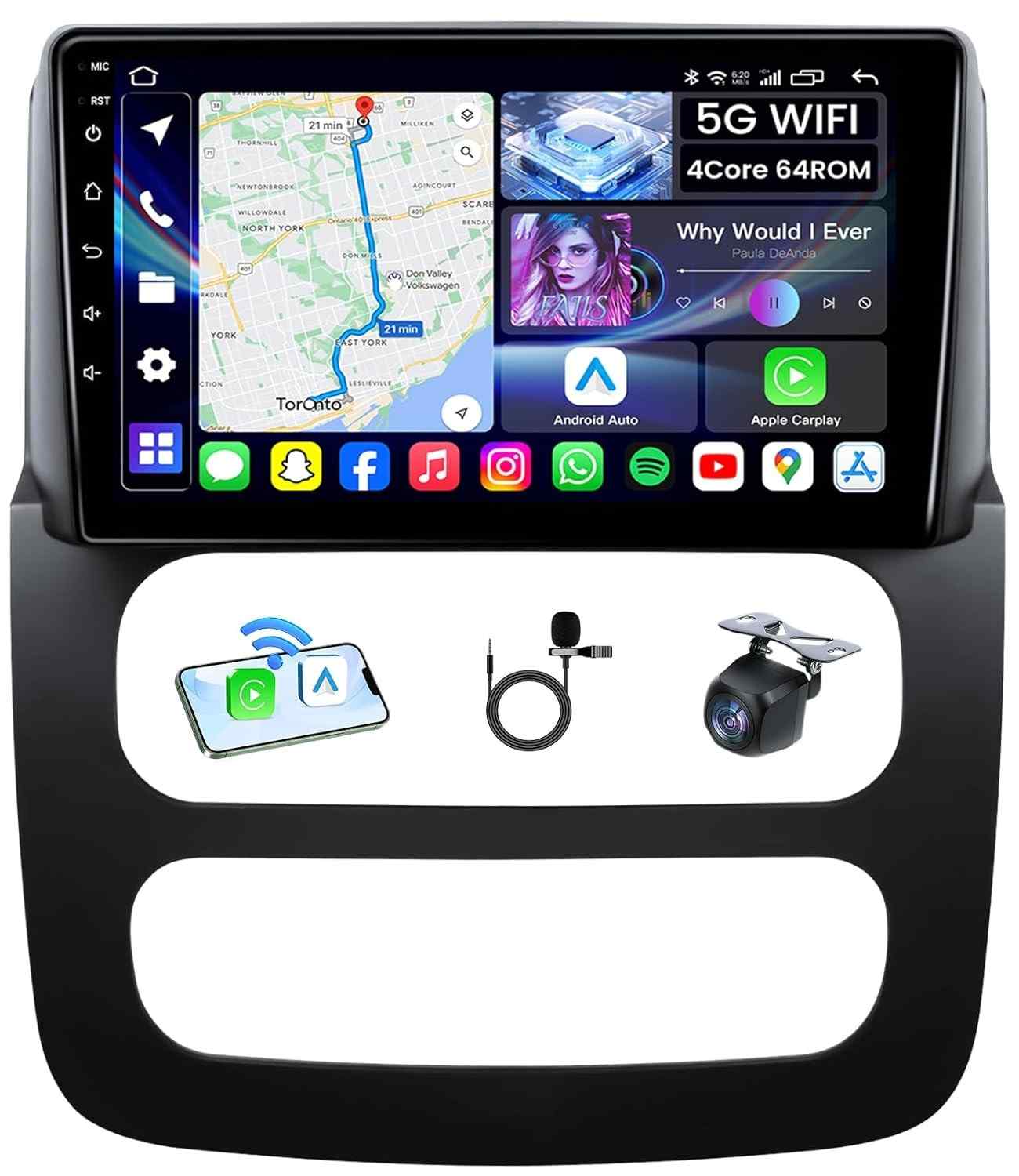 Central Multimídia 9" para Dodge Ram 1500/2500/3500 (2002-2005): CarPlay/Android Auto Sem Fio, GPS, Wi-Fi 5G